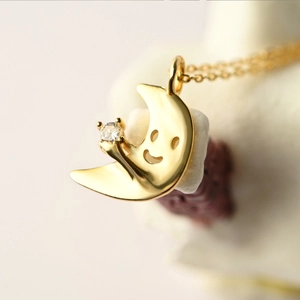 925 Sterling Silver Moon Pendant Necklace Smile Face Rhinestone Clavicle Chain For Women Simple Gold Plated Jewelry Gift