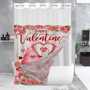 Detail of waterproof Valentine's waffle shower curtain with gnomes and heart motifs
