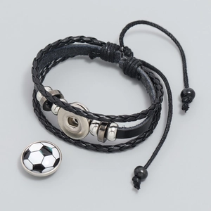 Detail of multi-layer braided leather football bracelet with adjustable alloy clasp