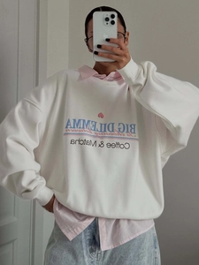 Women Oversized Sweatshirt Cotton Crewneck Letter Print Long Sleeve Casual Streetwear Pullover White
