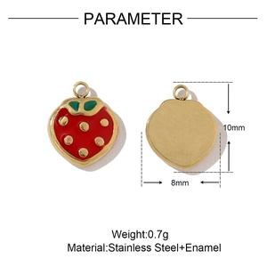 Macro detail of red enamel strawberry pendant in stainless steel with size dimensions