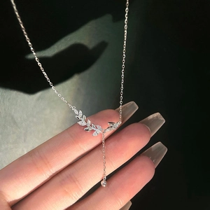 Sparkling silver wheat ear necklace with zircon leaves and long tassel pendant