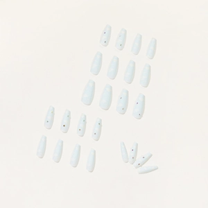 Long ballet press-on nails featuring light blue cloud designs and colorful rhinestones