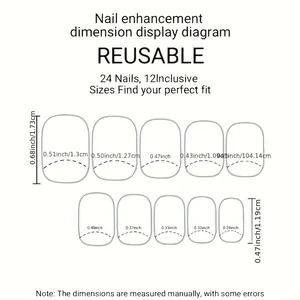 Sizing chart for pink floral press-on nails set featuring 24 pieces in 12 different sizes