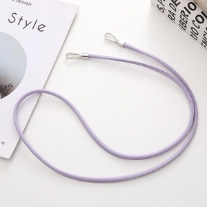 Purple leather phone lanyard with silver metal clips on a white minimalist background