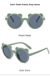 Detail view of round bear-ear children sunglasses in matte green with gray lenses