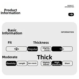 Size chart showing regular fit, medium thickness, no stretch and standard length jacket info