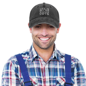 Adjustable washed black baseball cap with LIFE IS BETTER with CATS embroidery