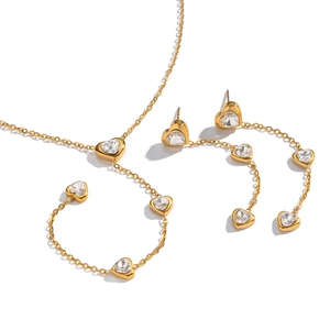 Golden heart jewelry set with clear zircon heart necklace and long tassel earrings