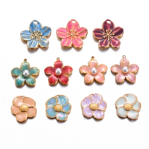 Flower Charms Stainless Steel Enamel Cherry Blossom Pendants With Faux Artificial Pearl For DIY Jewelry Making Accessories