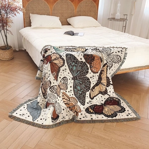 Bohemian picnic blanket with butterfly patterns and fringes for outdoor camping and sofa decor