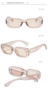 Three-view layout of champagne rectangular sunglasses showing front and side angles