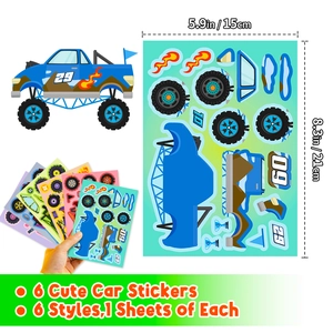 Detailed dimensions of 6 pack DIY cartoon racing car stickers for kids craft activities