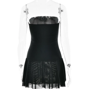 Detailed back view of a black strapless mini dress with sheer pleated mesh fabric on the skirt