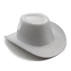 Close-up of a silver glitter western cowboy hat with wide brim for party performances