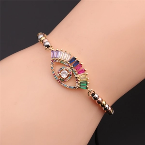 Adjustable evil eye bracelet with colorful cubic zirconia stones and gold beads
