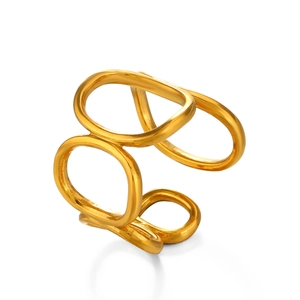 Modern geometric hollow oval ring in gold stainless steel with a multi-layered design