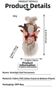 Detail view of Rudolf Christmas gnome with red plaid bow, size 21cm by 10cm on white background