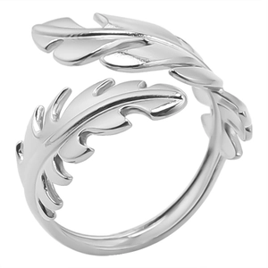 Detail of adjustable silver stainless steel ring with dual leaf wrap design and polished finish