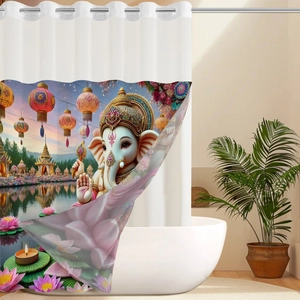 Double-layer waffle shower curtain with colorful Ganesha Indian elephant religious print