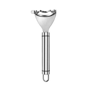 Ergonomic stainless steel corn peeler with serrated blade for kitchen use on white background