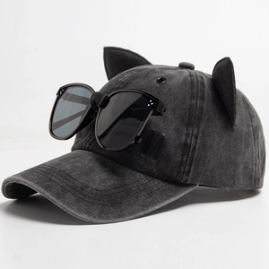 Washed Cotton Baseball Cap With Cute Cat Ears And Integrated Goggles Retro Sun Protection Street Style Hat For Adults