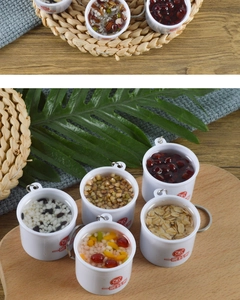 Detailed realistic miniature congee bowl charms with assorted faux grains and metal rings