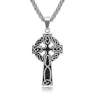 Men's hip hop silver alloy cross pendant with Celtic knots on a sturdy Cuban chain