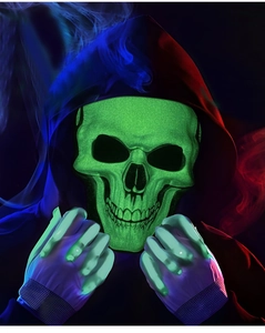 Luminous green skull mask and glow-in-the-dark skeletal gloves for Halloween cosplay