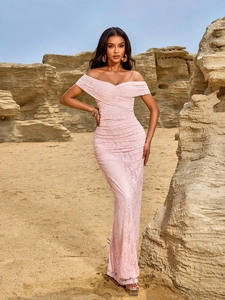 Elegant Off Shoulder Lace Maxi Dress Ruched Bodycon Mermaid Evening Gown Formal Party Banquet Wedding