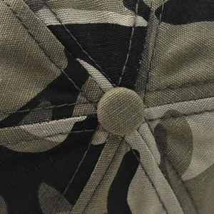 Macro shot of the top button and reinforced stitching on a camouflage baseball cap