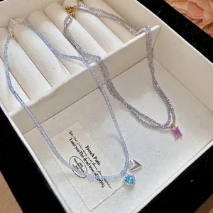 Beaded Pendant Necklace With Heart Square Crystal Zircon Elegant Sweet Choker For Women Copper
