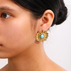 Sunflower Stud Earrings Stainless Steel With Natural Tiger Eye Lapis Lazuli Turquoise Rhinestone Vintage Elegant Women