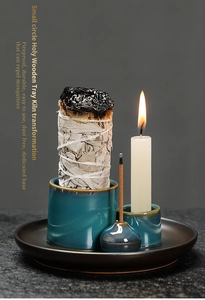 Detailed view of Morandi kiln-glazed ceramic incense burner set with tray and lit candle