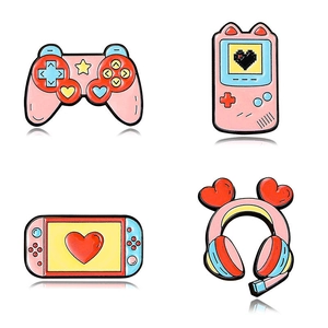 Pink cartoon gaming pins set including gamepad, game console and headset badges