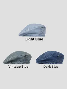 Detailed view of denim beret hats in light blue, retro blue and dark blue with side pockets