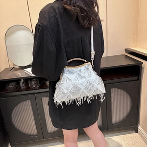 Detail of silver evening bag with beaded embroidery and tassels worn by a model