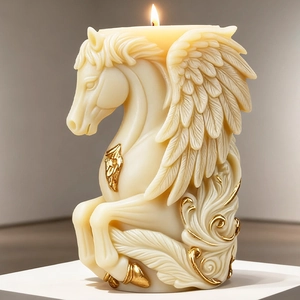 Artistic Pegasus silicone candle mold featuring a burning cream-white pegasus with gold accents