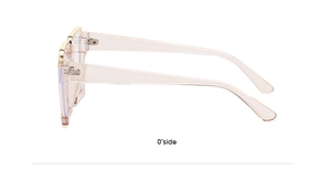 Detailed side view of large square pink glasses with golden metal temple accents