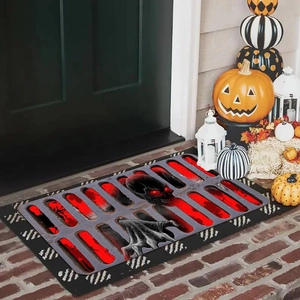 3D Halloween doormat with skull and skeleton hand design for bathroom entrance decor