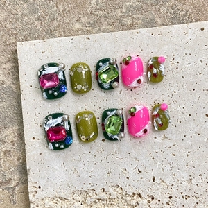 Handmade Press On Nails With Rhinestones Artificial Pearls 3D Relief Short Round Square Green Fuchsia False Nails For Women