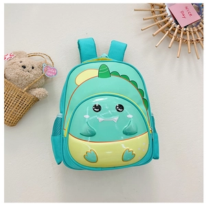 Macro detail of cartoon dinosaur kid backpack with 3D waterproof front panel and side pockets