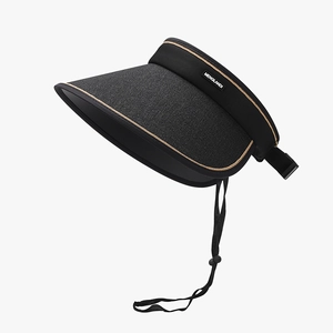 Women's UV protection wide brim sun hat in black with elegant gold trim and chin strap