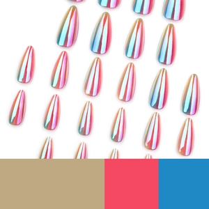 Iridescent holographic almond-shaped press-on nails on white background