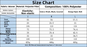 Detailed size guide for women's short trench coat with precise measurements in centimeters