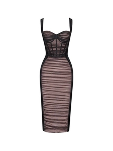 Detail of velvet mesh corset dress featuring heart neckline and boning structure
