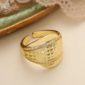 18K gold plated wide band ring with vintage textured surface and zircon accents