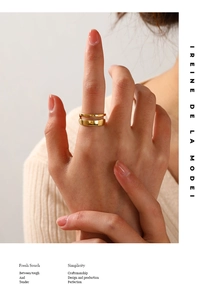 Detail shot of a double-layered 18K gold plated stainless steel ring on model finger