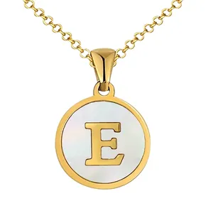Gold round pendant necklace with white mother of pearl and letter E in minimalist style