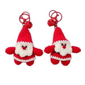 Handmade crochet Santa Claus keychain set with red metal ring and festive bells